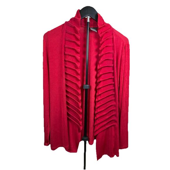 Travelers By Chico’s Sweaters - Chico's Travelers Cardigan Size 1 Slinky Knit Red Pleated Collar Open Front 8-10